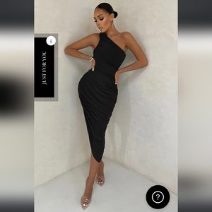 Club L London Late Night Black Asymmetric One-Shoulder Ruched Midi Dress